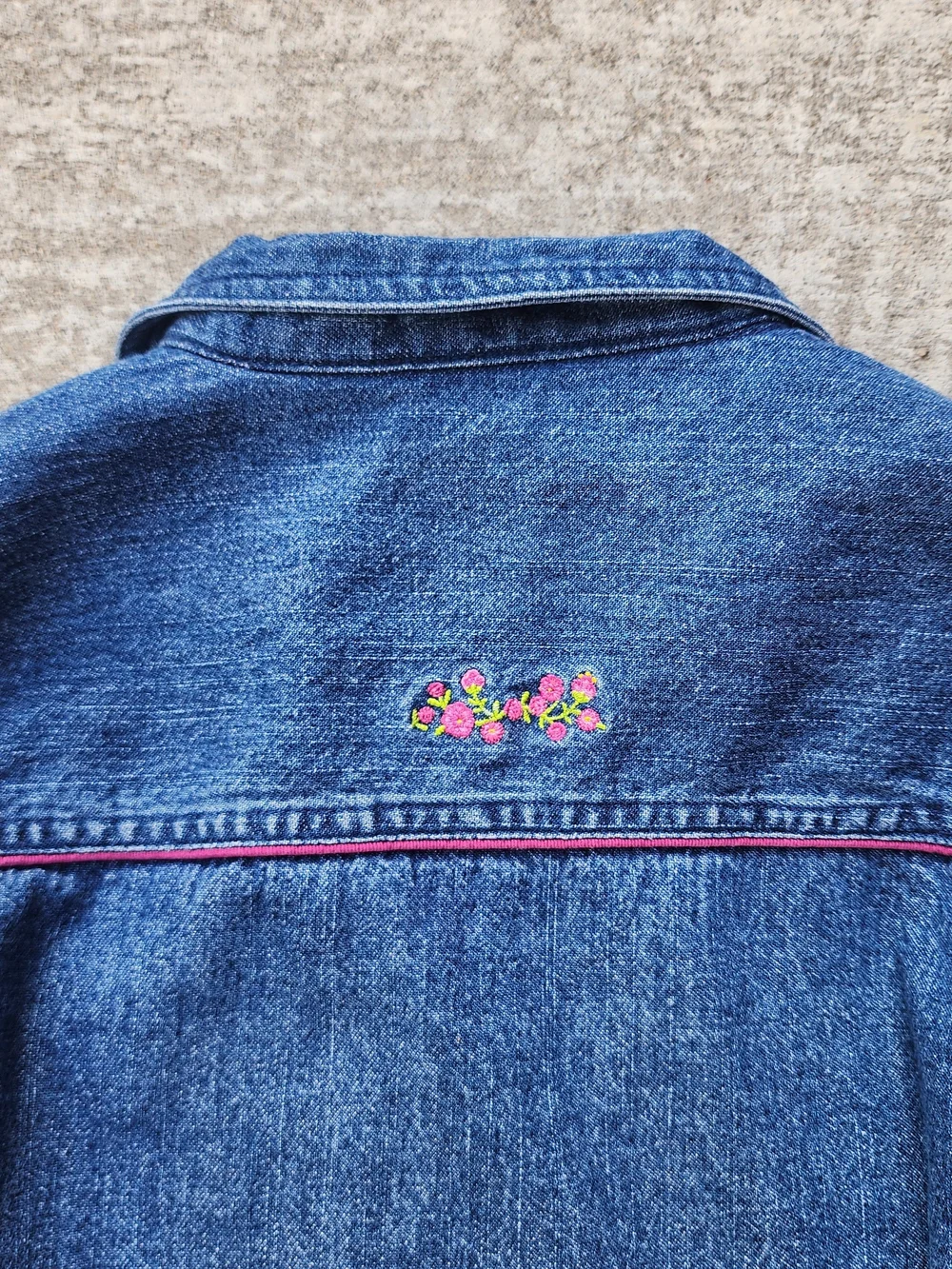 VTG Sesame Street Y2K Kid Girl Blue Denim Jacket, Pink Floral Cottage Trim Sz 3T